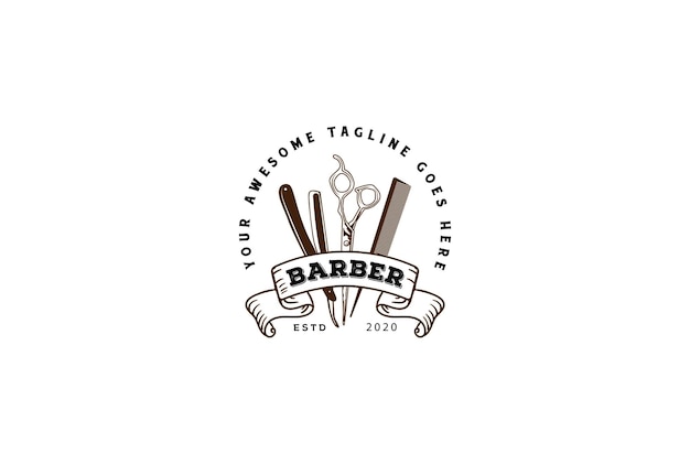 Vintage Retro Razor Scissor y peine para Barbershop Hair Cut Style Badge Emblem Label Logo Design Vector