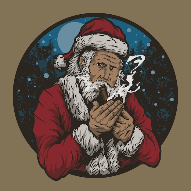 Vintage retro santa claus fumar chigarette cannabis en night forest snow fall feliz navidad vector mascot ilustración