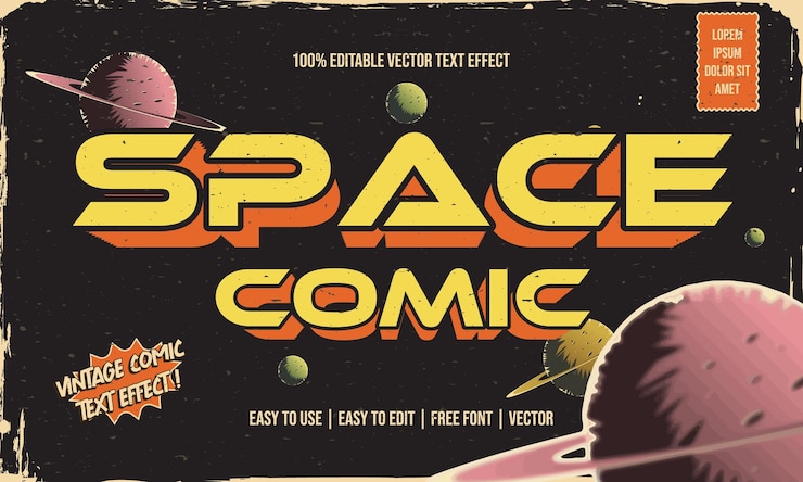 Vector vintage retro sucio desgastado efecto de texto editable en mal estado con textura grunge en el concepto de cómic espacial