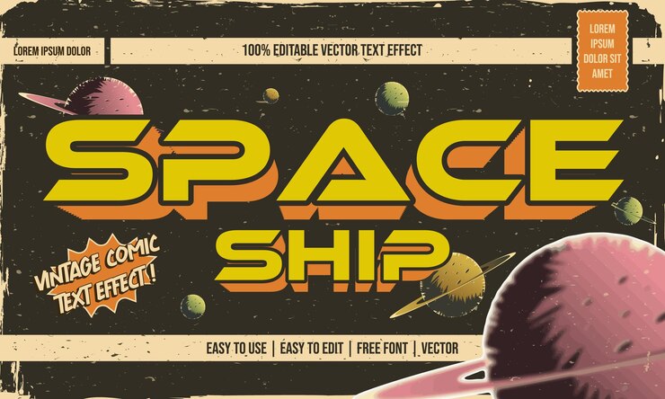 Vector vintage retro sucio desgastado efecto de texto editable en mal estado con textura grunge en el concepto de cómic espacial