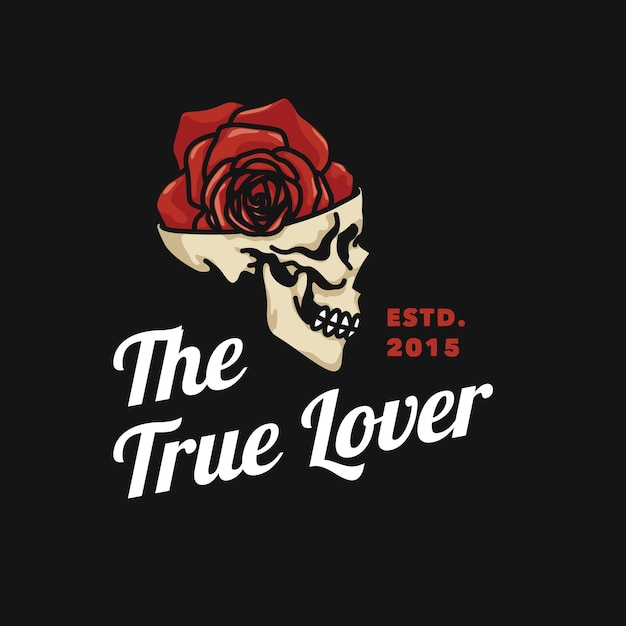 Vintage rose skull logo hecho a mano ilustración vectorial