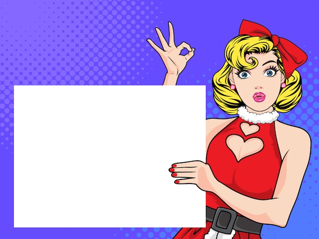 Vector vintage santa mujer mostrando banner de espacio vacío y mano arriba acción ok