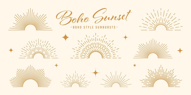 Vector vintage sunburst puesta de sol haces medio círculo amanecer estilo boho moderno minimalista diseño bohemia mano