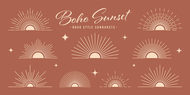 Vintage sunburst puesta de sol haces medio círculo amanecer estilo boho moderno minimalista diseño bohemia mano