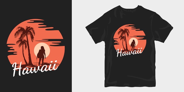 Vintage sunset hawaii con diseños de camisetas de mujer en la playa
