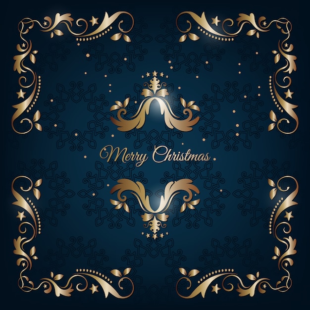 Vector vintage tarjeta de felicitación de navidad azul y oro con decoración floral