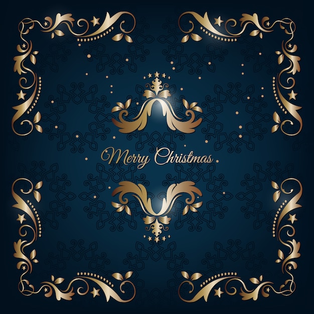 Vintage tarjeta de felicitación de Navidad azul y oro con decoración floral