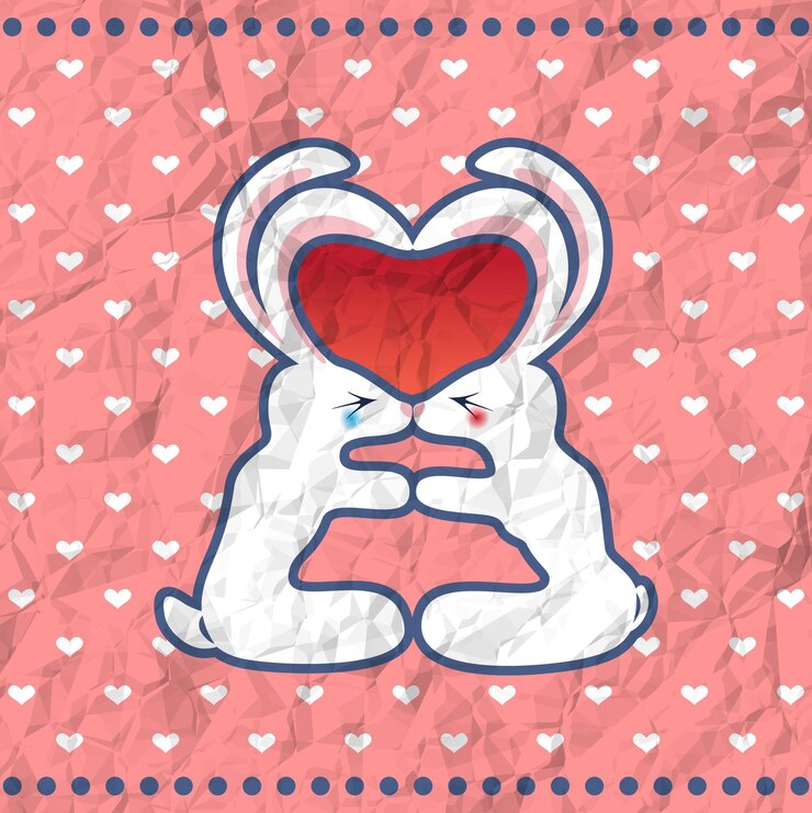 Vector vintage tarjeta de san valentín arrugada con conejos besándose