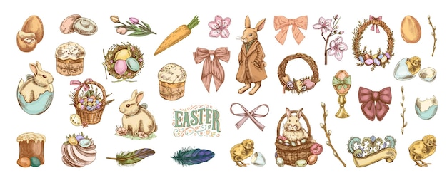 Vintage vacaciones de Pascua dibujado a mano de color y negro boceto ilustración conjunto en estilo grabado