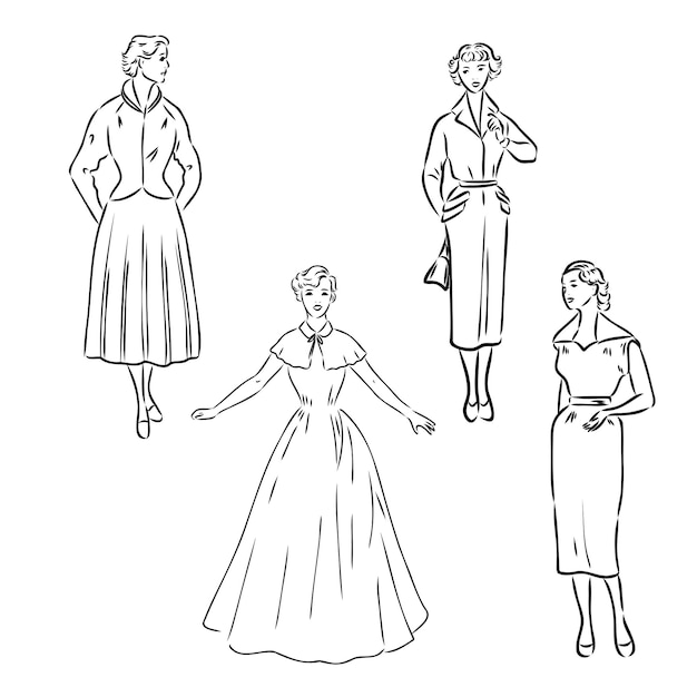 Vintage vector personas establecer moda estilo conjunto grupo de retro mujer y hombre estilo sketch estilo engravin