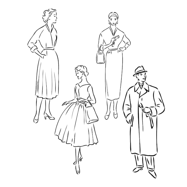 Vintage vector personas establecer moda estilo conjunto grupo de retro mujer y hombre estilo sketch estilo engravin