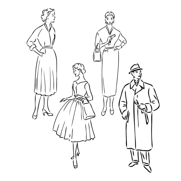 Vector vintage vector personas establecer moda estilo conjunto grupo de retro mujer y hombre estilo sketch estilo engravin