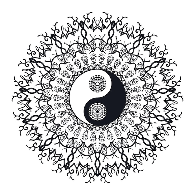 Vector vintage yin y yang en mandala. símbolo de tao para impresión, tatuaje, libro para colorear, tela, camiseta, yoga, henna, tela en estilo boho. mehndi, signo oculto y tribal, esotérico y de alquimia. vector