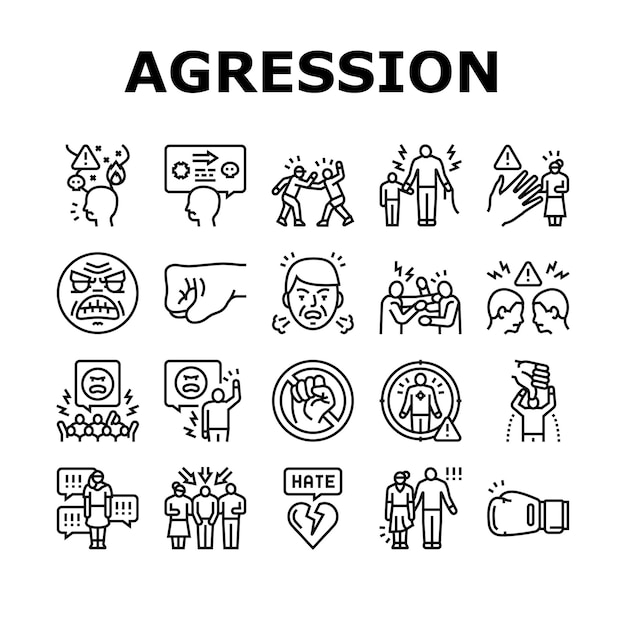 Violencia primera mano agresiva iconos conjunto vector