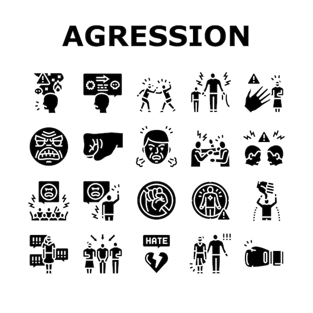 Violencia primera mano agresiva iconos conjunto vector