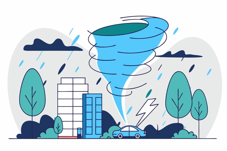 Vector violento tornado atravesando la ciudad moderna arte vectorial para uso editorial o alertas meteorológicas