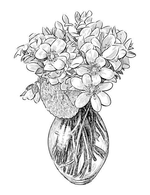 Violetas delicadas flores silvestres de primavera ramo jarrón de vidrio posy boceto de regalo dibujado a mano