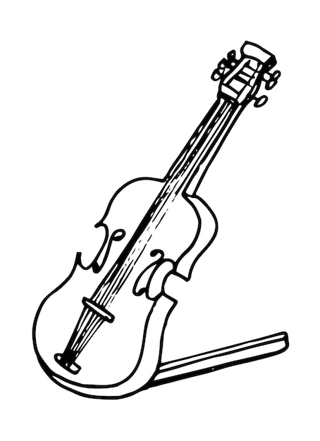 Violín aislado sobre fondo blanco dibujo de dibujos animados dibujado a mano dibujo de tinta negra vector de estilo de trazo