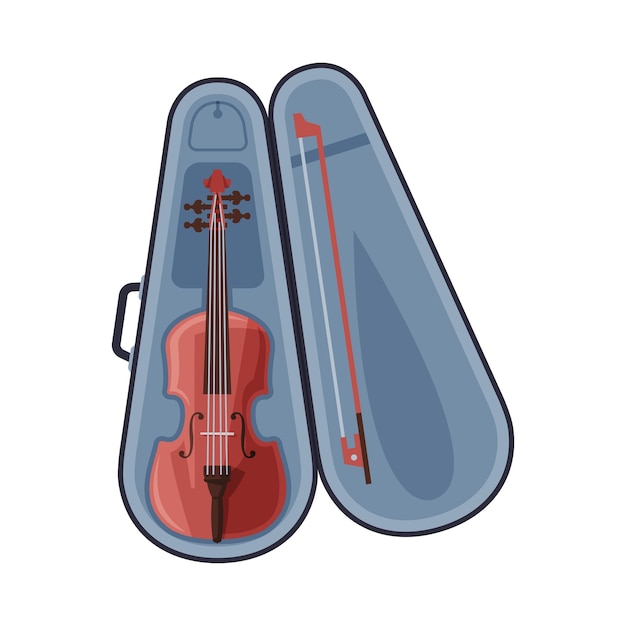 Vector violín y arco en caja instrumento musical de cuerdas clásico ilustración vectorial de estilo plano en fondo blanco