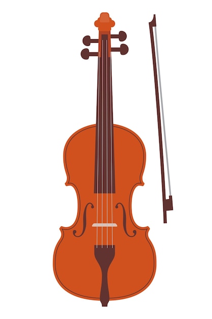 Violín clásico de estilo plano simple y arco aislado en blanco violín de orquesta realista ilustración de vector de instrumento musical vintage