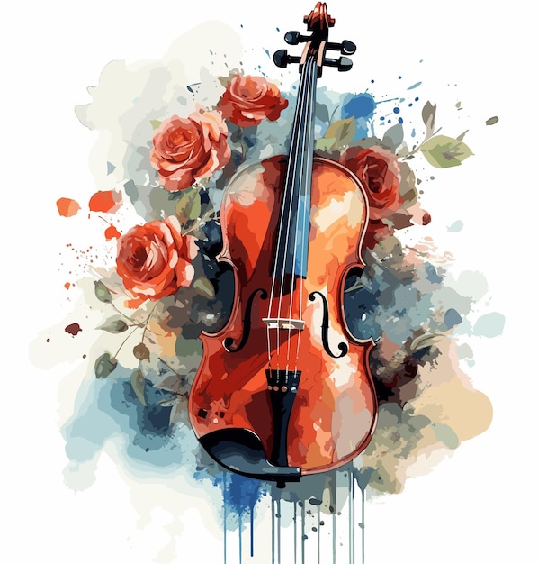 Vector un violín y flores están en un dibujo.