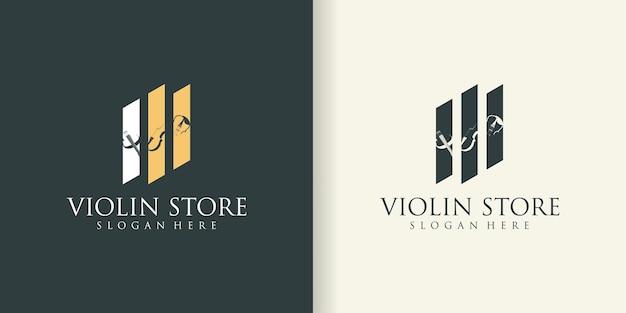 Violín orquesta violín música silueta logo vector icono diseño Tienda con varios instrumentos musicales
