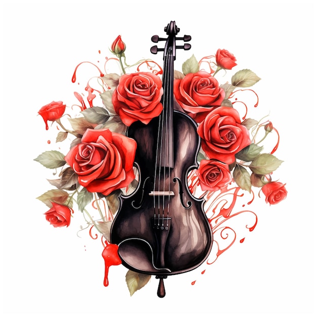 Violín con pintura de acuarela de flores.