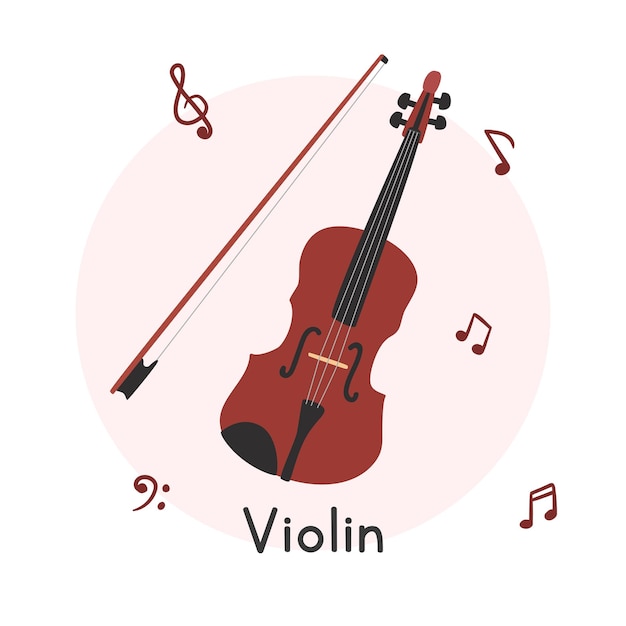 Violín simple con arco clipart estilo de dibujos animados instrumento de cuerda ilustración vectorial garabato dibujado a mano