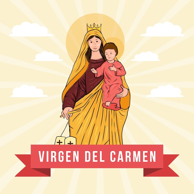 Virgen del carmen ilustración dibujada a mano en estilo de diseño plano