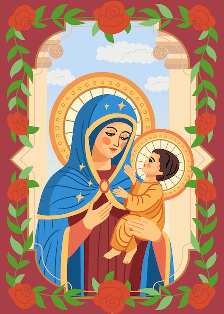 Virgen María con el Niño Madonna Ilustración plana dibujada a mano Vector