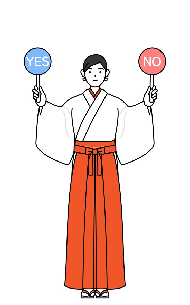 Vector virgen del santuario vestida de kosode blanco y hakama rojo sosteniendo un cartel que indica las respuestas correctas e incorrectas