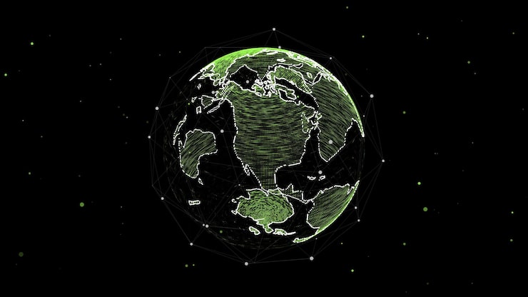 Vector virtual vector planet earth with data connection network technological digital globe world background abstract sphere with particles and lines security artificial intelligence of planet