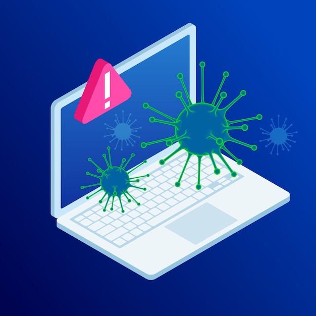 Vector virus alert, computadora portátil isométrica con virus, notificación de alerta, piratería, ciberseguridad, concepto de error de internet fraudulento. hackear la base de datos de usuarios de teléfonos inteligentes. seguridad de las nuevas tecnologías.