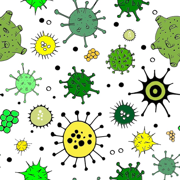 Los virus y las bacterias doodle patrón verde. Telón de fondo transparente. Células bacterianas de vector de microbiología sobre fondo transparente.