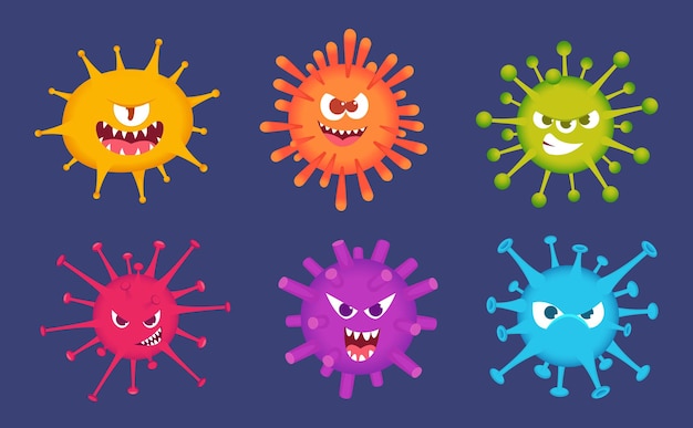 Virus de dibujos animados lindo. Bacterias caras emocionales emoticonos asustados diablo juguetes biología virus colorido ilustraciones vectoriales exactas. Caricatura de virus de carácter, bacterias color divertido
