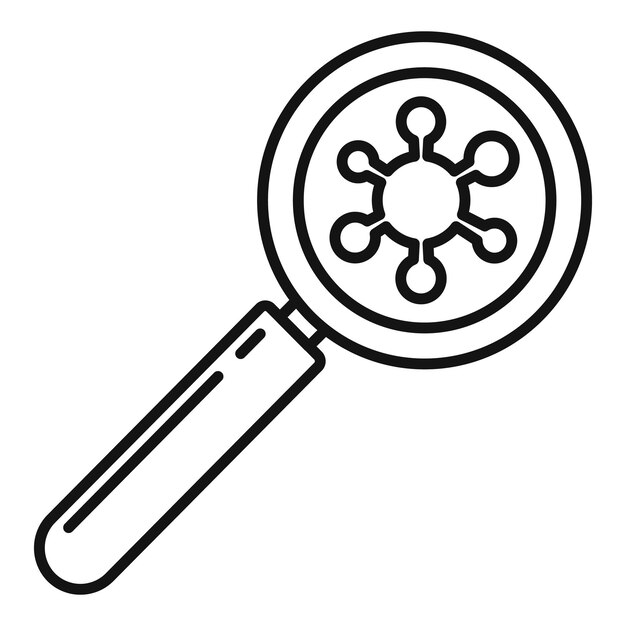 Virus bajo icono de lupa Esquema de virus bajo icono de vector de lupa para diseño web aislado sobre fondo blanco