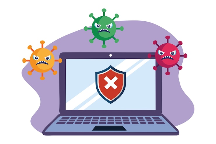 Vector virus informático en la computadora portátil hacking spyware ilustración de vector plano
