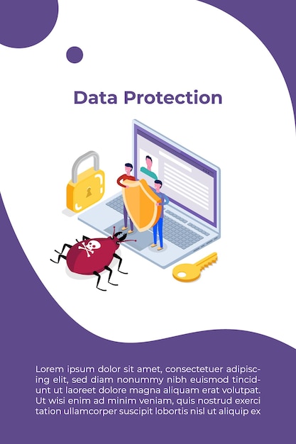 Virus informático, concepto isométrico de protección de datos, datos de red, seguridad de internet, transacción bancaria segura. ilustración vectorial.