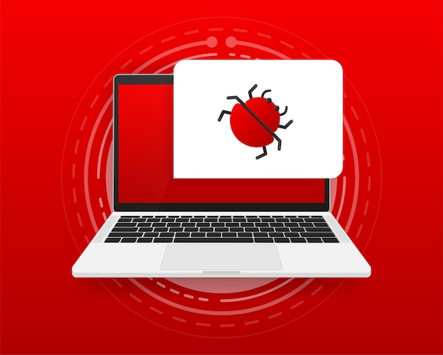 Vector virus informático en dispositivos alerta en pantalla escaneo de problemas ilustración vectorial