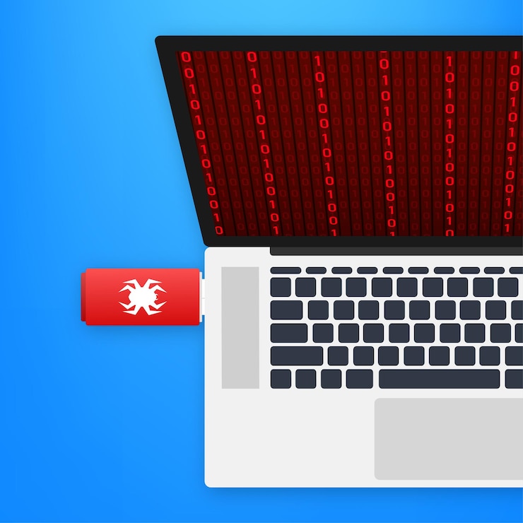 Vector virus informático en la tarjeta flash usb. protección contra el virus. ilustración vectorial de stock