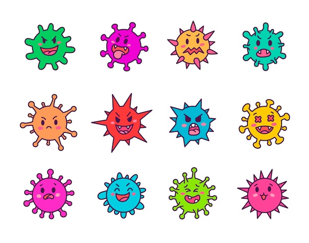 Virus kawaii Caracteres de dibujos animados lindos de infección bacteriana y microbios