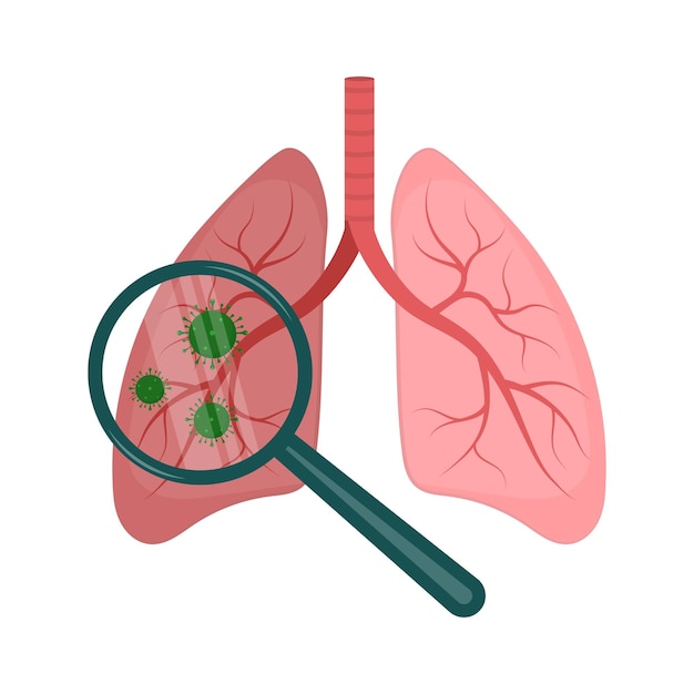 Vector virus en los pulmones y una lupa concepto de investigación y diagnóstico