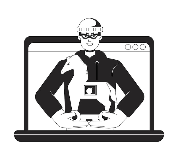 Virus troyano en computadora portátil bw concepto de ilustración de punto vectorial Virus de lanzamiento de hombre dibujos animados 2D línea plana carácter monocromático para diseño de interfaz de usuario web editable contorno aislado imagen del héroe
