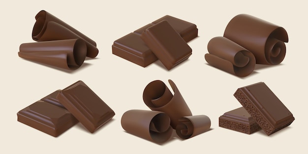 Vector virutas, copos, rizos y barras de chocolate negro realistas. espirales de caramelo de cacao dulce 3d. conjunto de vector de rebanadas de chocolate amargo o con leche. deliciosos postres y bocadillos de comida elementos aislados.