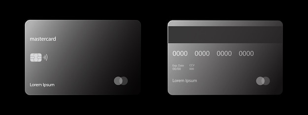 Vector visa mastercard icono de tarjeta de crédito estilo de morfismo de vidrio concepto de pago sin efectivo efecto de morfismo de vidrio realista con un conjunto de placas de vidrio transparente editorial