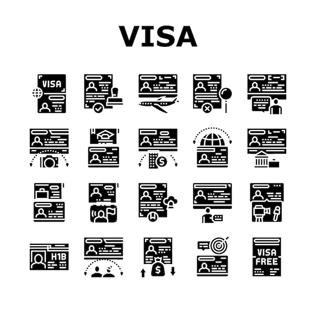 Visa para viajar colección iconos conjunto Vector