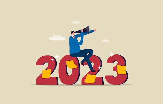 Visión de año nuevo que mira hacia el futuro Perspectivas de oportunidades comerciales para la ilustración de 2023