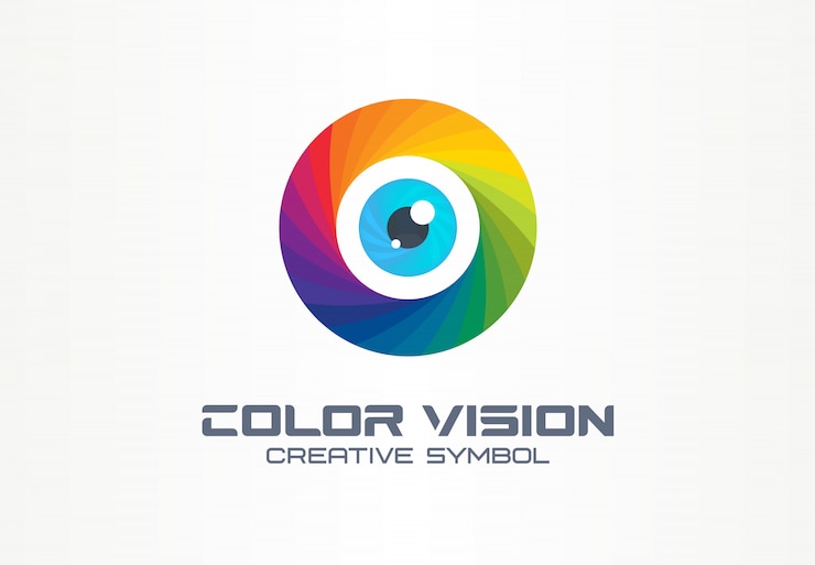 Vector visión en color, concepto de símbolo creativo de ojo de círculo. colorido lente de iris, seguridad, arco iris resumen idea de logotipo de empresa. foco, icono de espectro