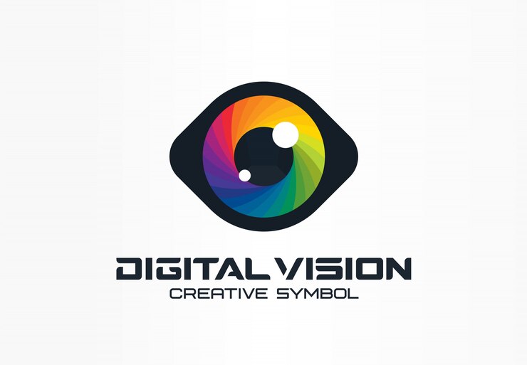 Vector visión digital, ojo cibernético, concepto de símbolo creativo de lente de color. oftalmología, idea de logotipo de empresa abstracta de seguridad. espectro, icono del arco iris