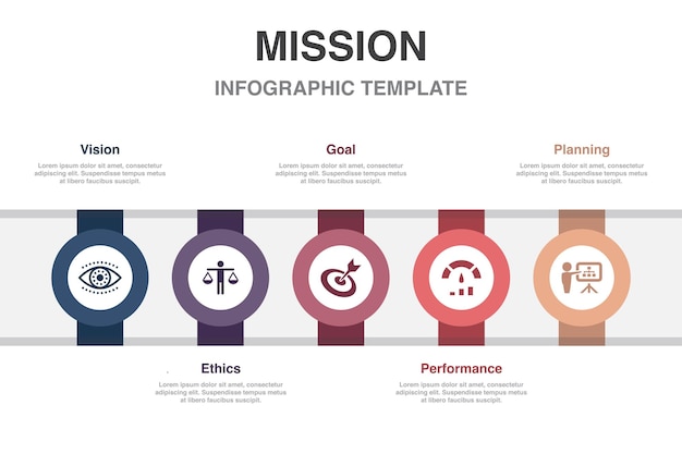 Visión ética objetivo rendimiento planificación iconos Plantilla de diseño infográfico Concepto creativo con 5 pasos